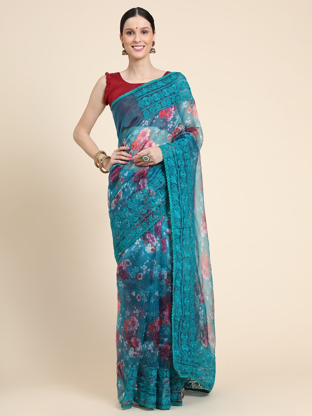 

Vastrasky Global Floral Embroidered Mysore Silk Saree, Teal