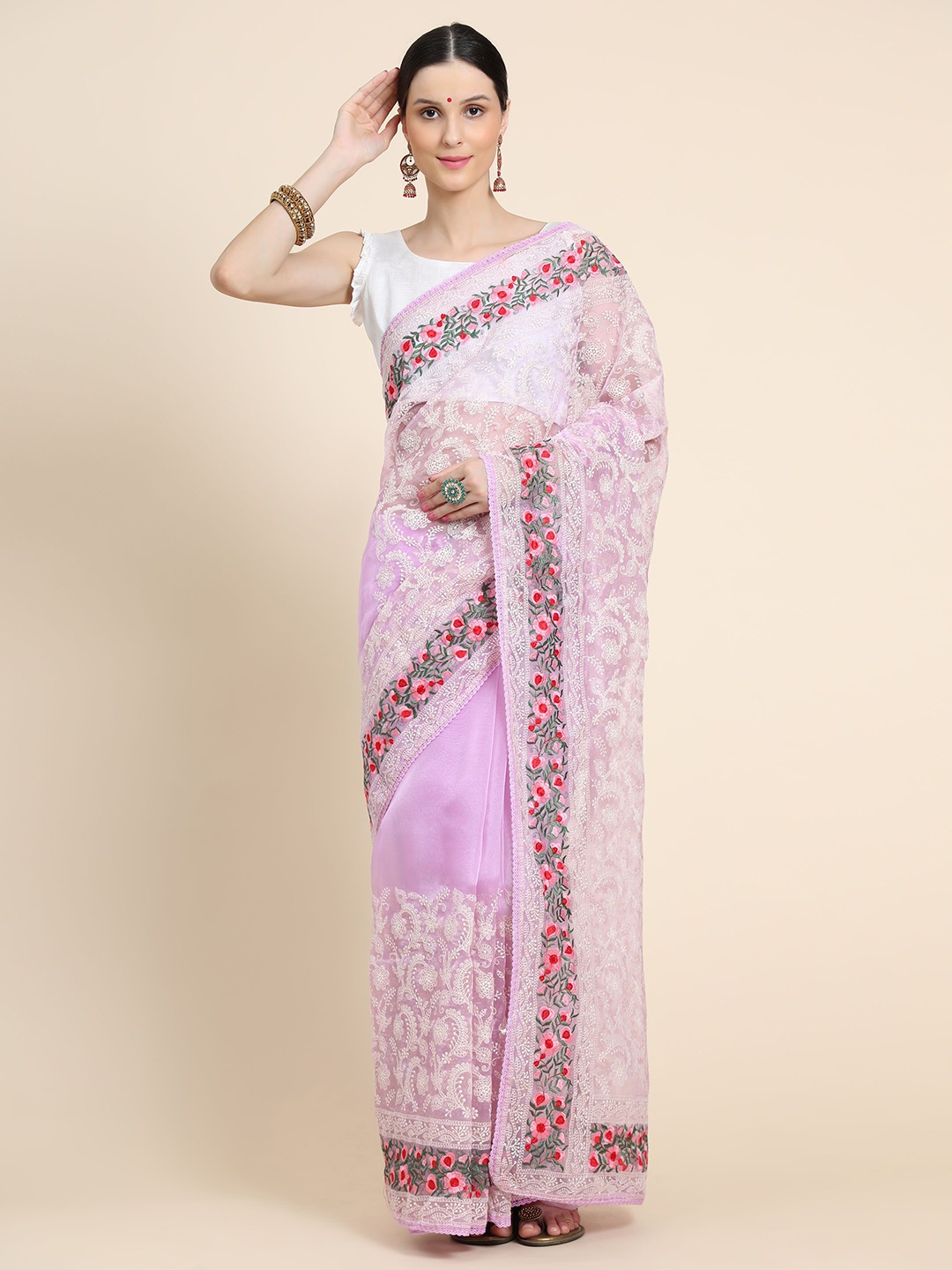 

Vastrasky Global Floral Embroidered Mysore Silk Saree, Lavender