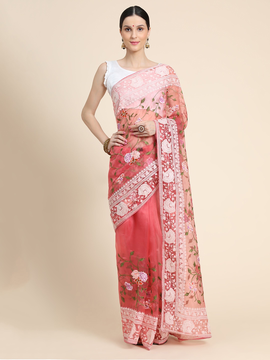 

Vastrasky Global Floral Embroidered Pure Georgette Mysore Silk Saree, Peach