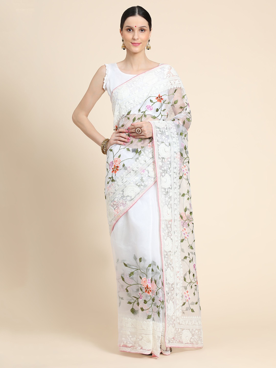 

Vastrasky Global Floral Embroidered Pure Georgette Mysore Silk Saree, White