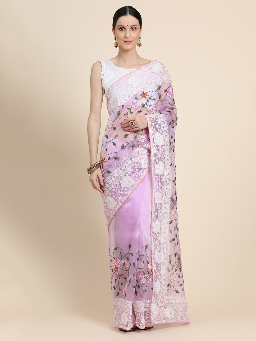 

Vastrasky Global Floral Embroidered Pure Georgette Mysore Silk Saree, Lavender