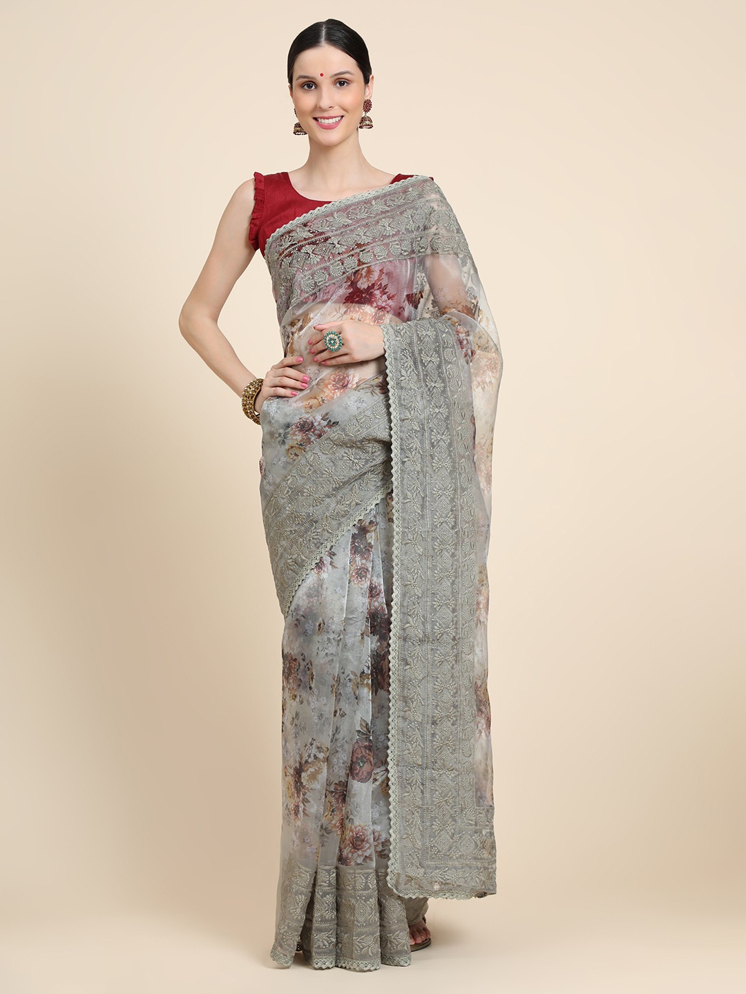 

Vastrasky Global Floral Embroidered Mysore Silk Saree, Grey