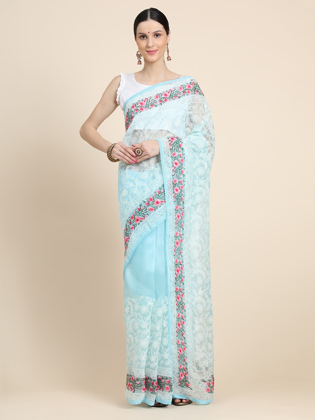 Vastrasky Global Floral Embroidered Mysore Silk Saree, Blue