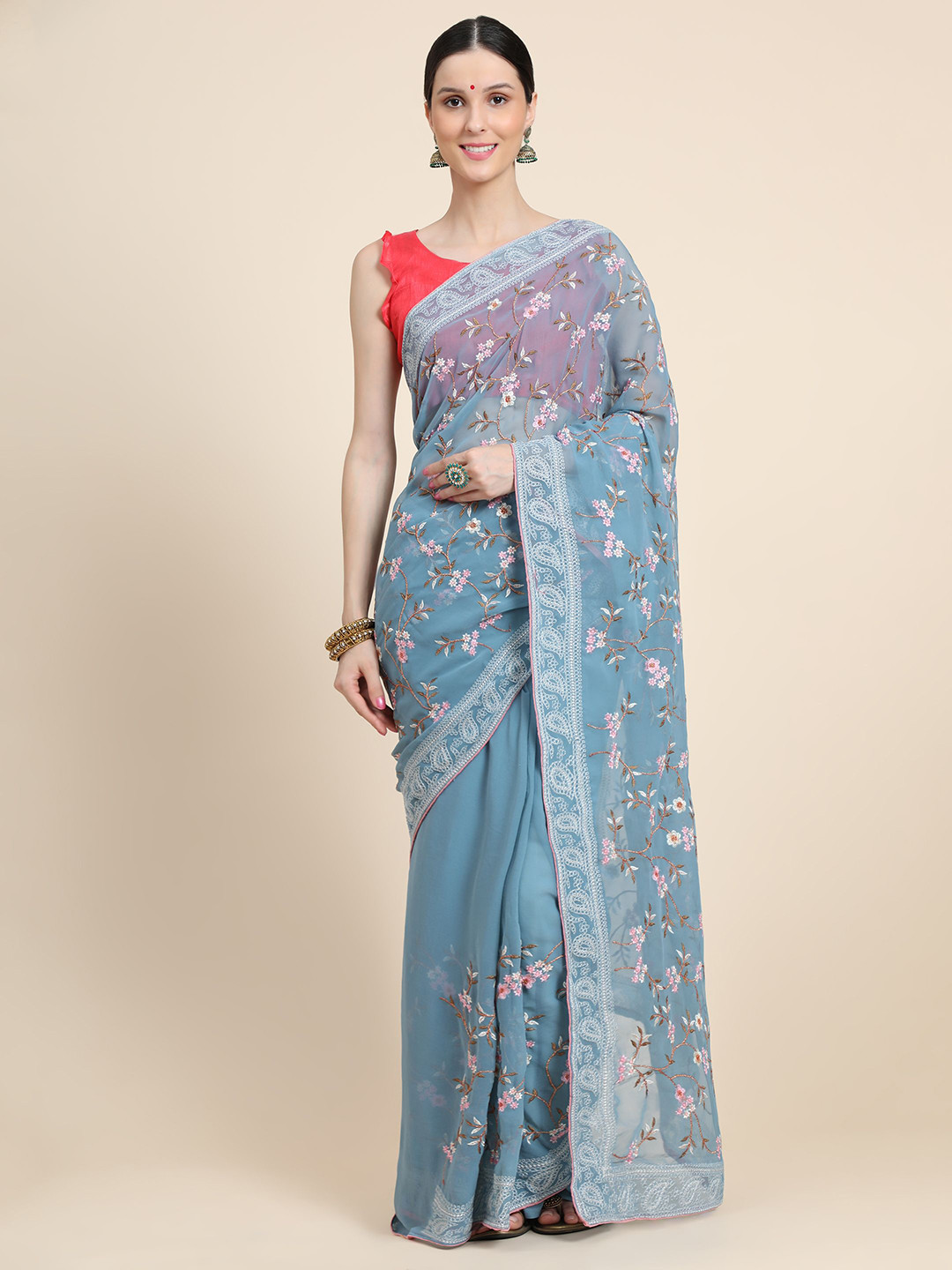 

Vastrasky Global Floral Embroidered Pure Silk Mysore Silk Saree, Blue