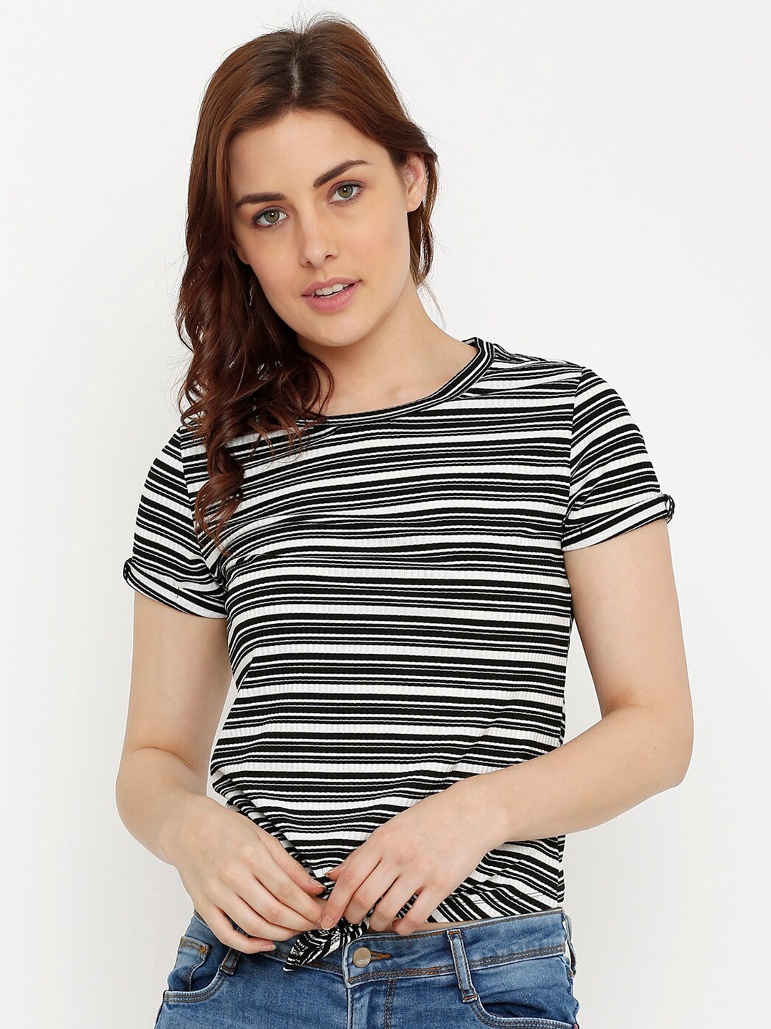 

Kraus Jeans Printed Pure Cotton Striped Top, Black