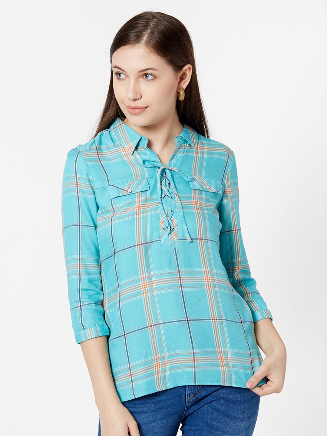 

Kraus Jeans Printed Pure Cotton Checked Shirt Style Top, Green