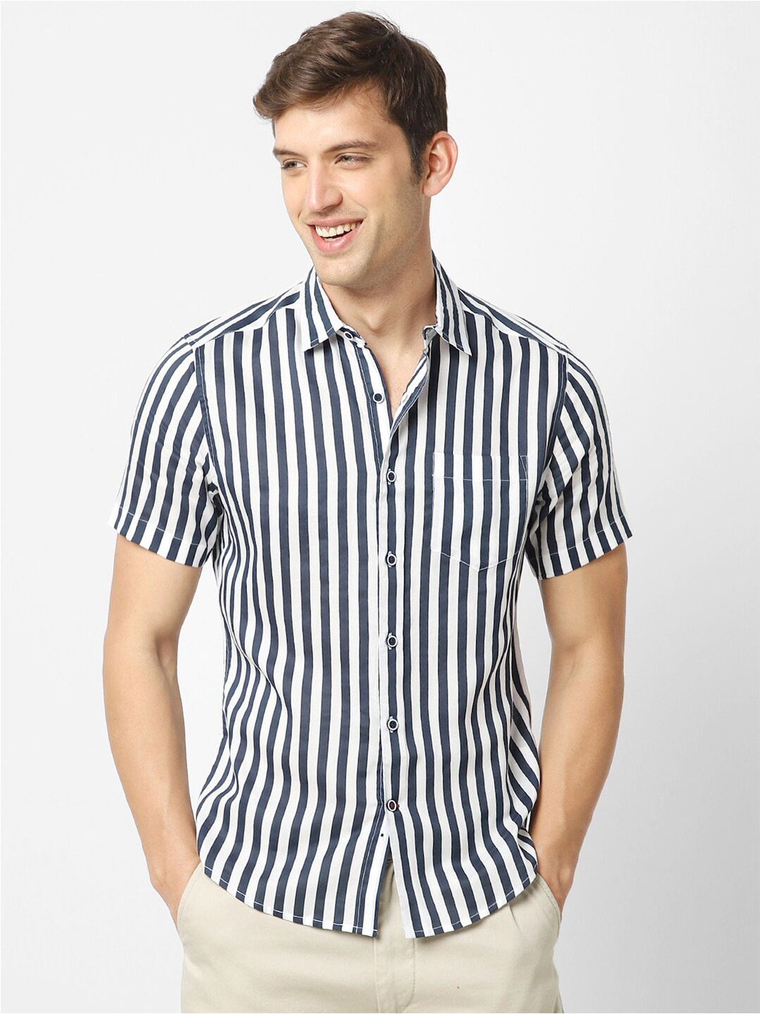

VASTRADO Men Cotton Striped Casual Shirt, Navy blue