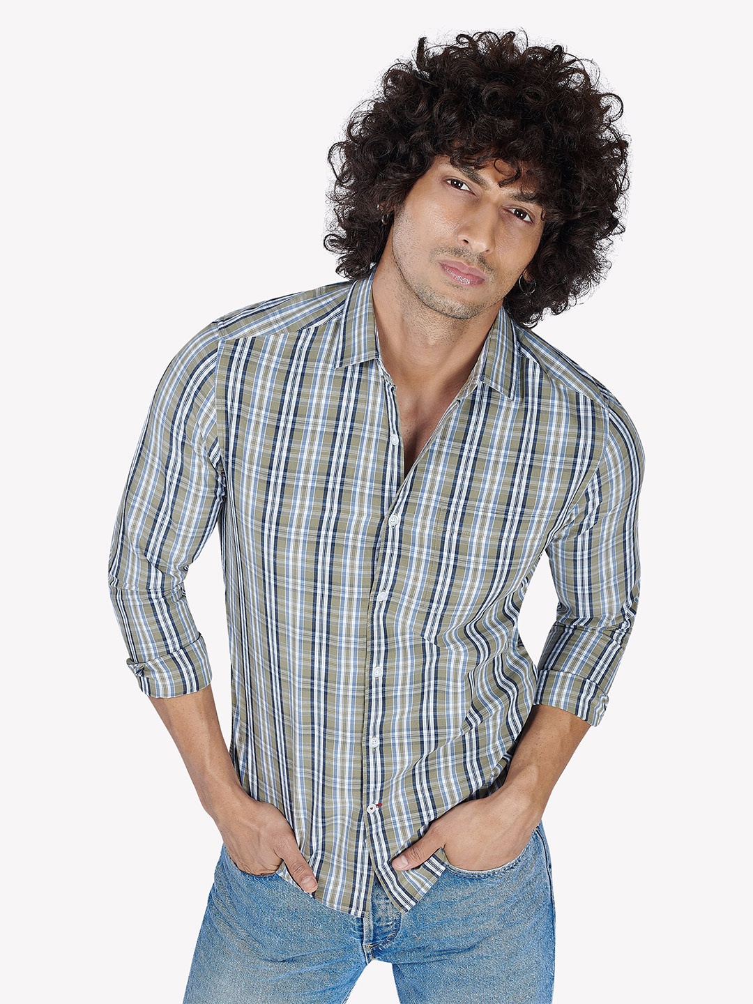 

VASTRADO Men Cotton Checked Casual Shirt, Olive
