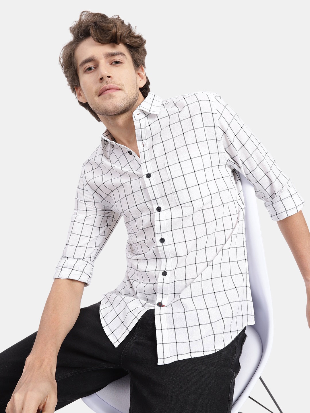 

VASTRADO Men Windowpane Checks Checked Cotton Casual Shirt, White