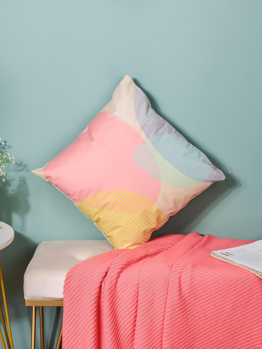 

Nestasia Pink & Yellow Geometric Cotton Square Cushion Cover