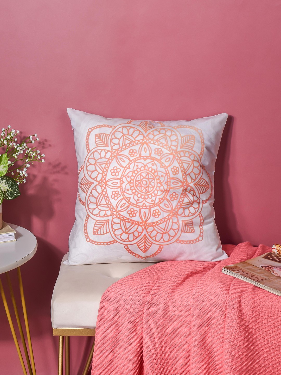 

Nestasia White & Peach Floral Printed Cotton Square Cushion Cover