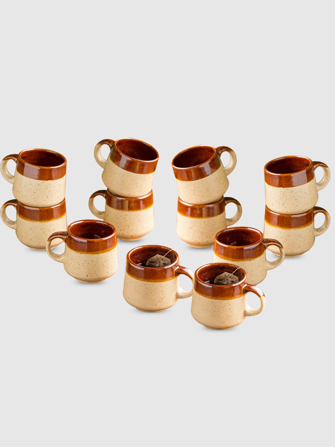

ExclusiveLane Brown & Cream Set of 12 Cocoa Sips Handglazed Ceramic Tea Coffee Cups