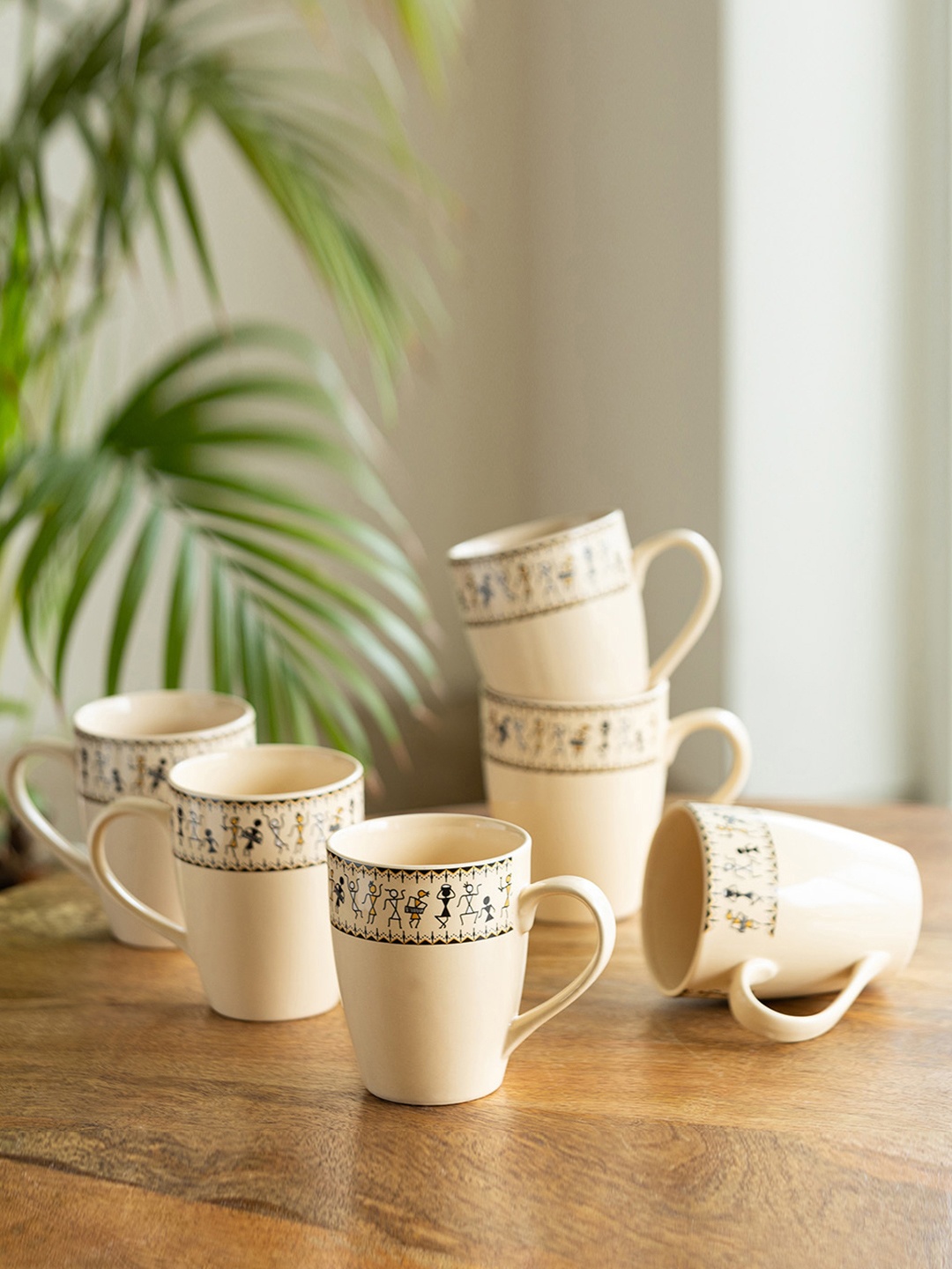 

ExclusiveLane Set of 6 Whispers of Warli Handcrafted Printed Ceramic Tea Cups Coffee Mugs, Off white