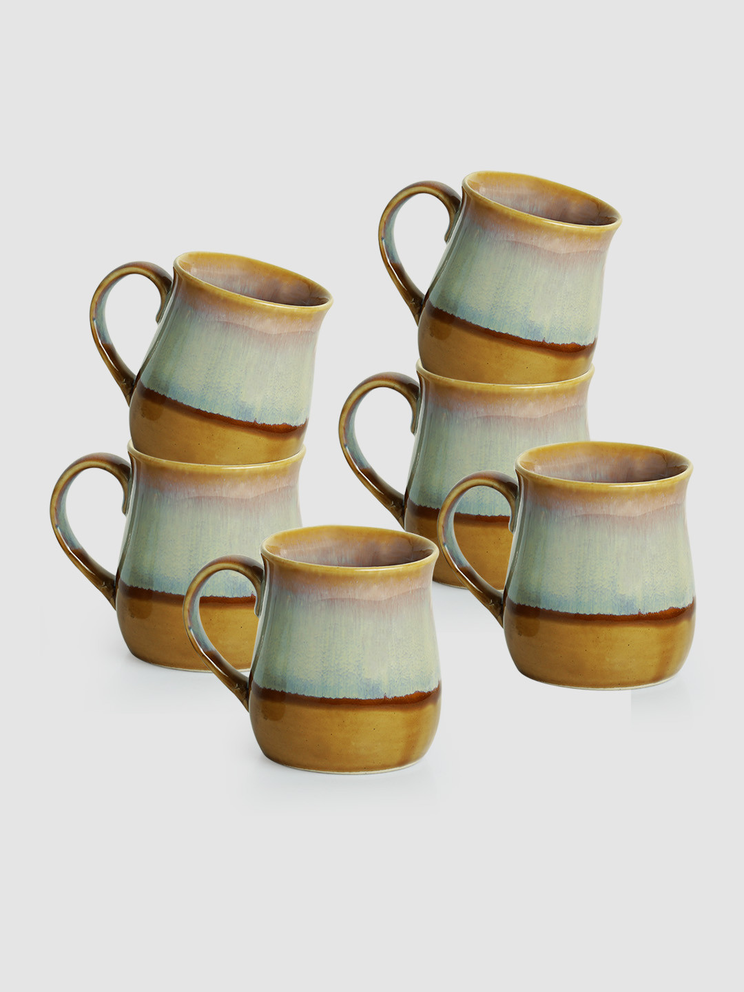 

ExclusiveLane Yellow & Green Set Of 6 Hand Painted Printed Ceramic Glossy Cups