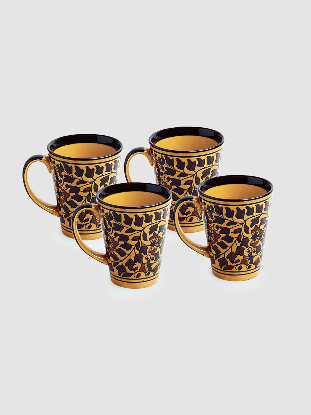 

ExclusiveLane Set Of 4 Mughal Floral Hand Painted Ceramic Glossy Coffee Mugs 240 ml Each, Yellow