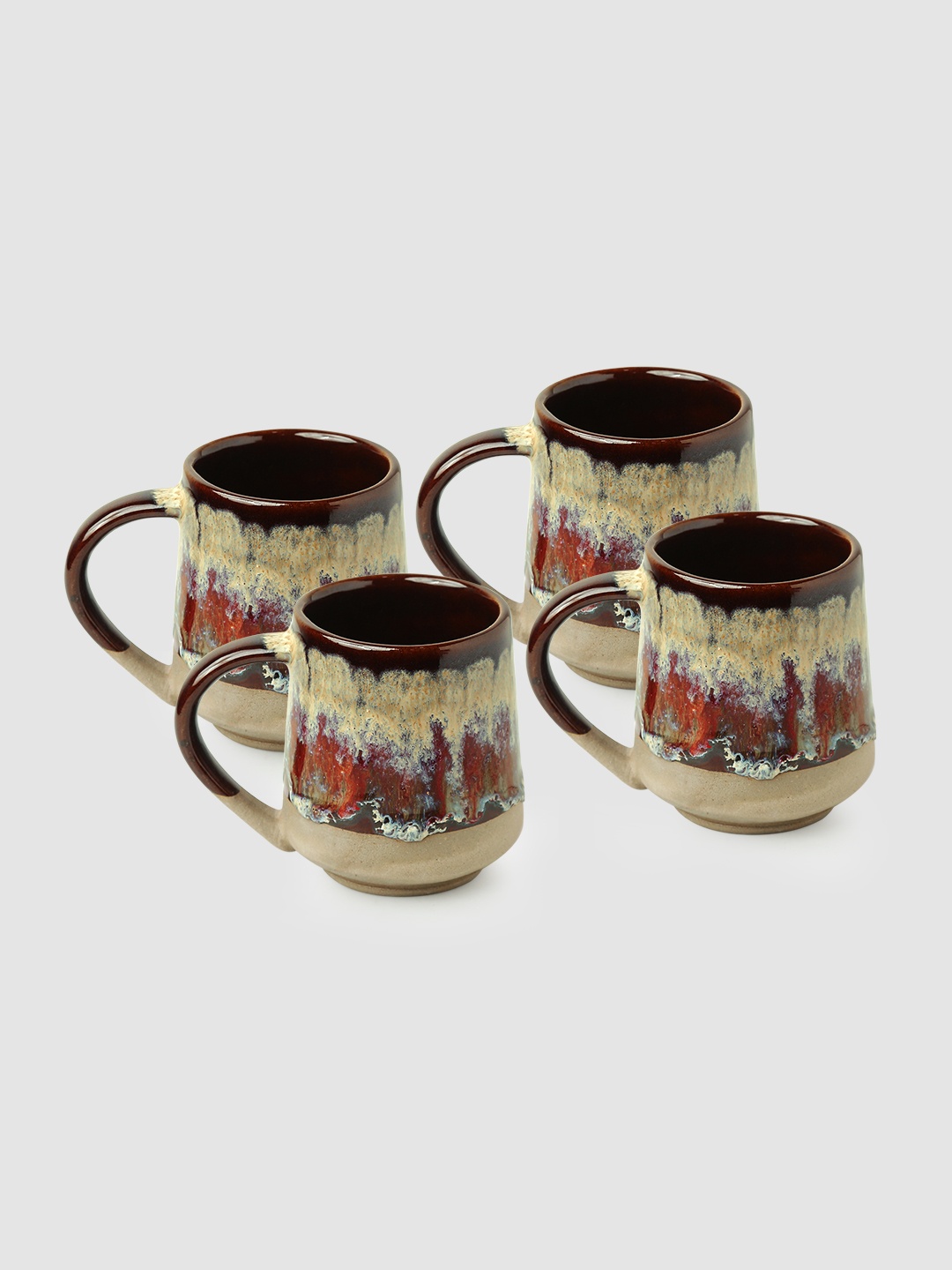 

ExclusiveLane Set Of 4 Crimson Tides Pattern Handcrafted Ceramic Coffee Cups 300ml Each, Brown