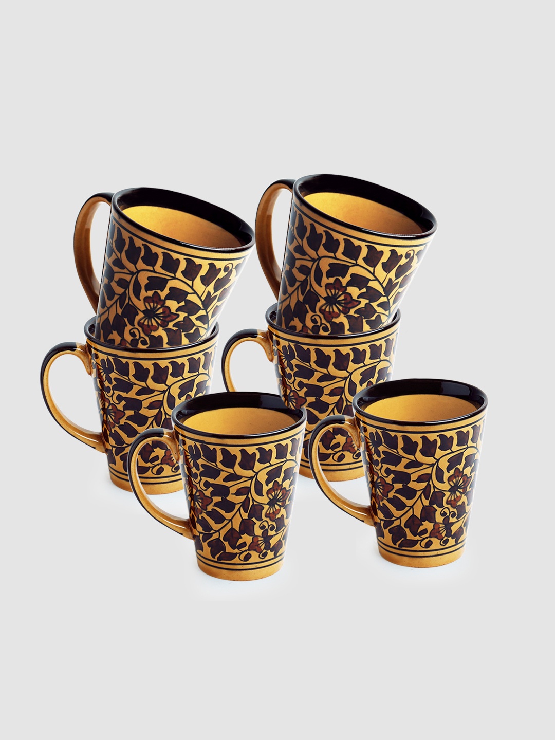 

ExclusiveLane Set of 6 Mughal Floral Hand Painted Ceramic Glossy Coffee Mugs, Yellow