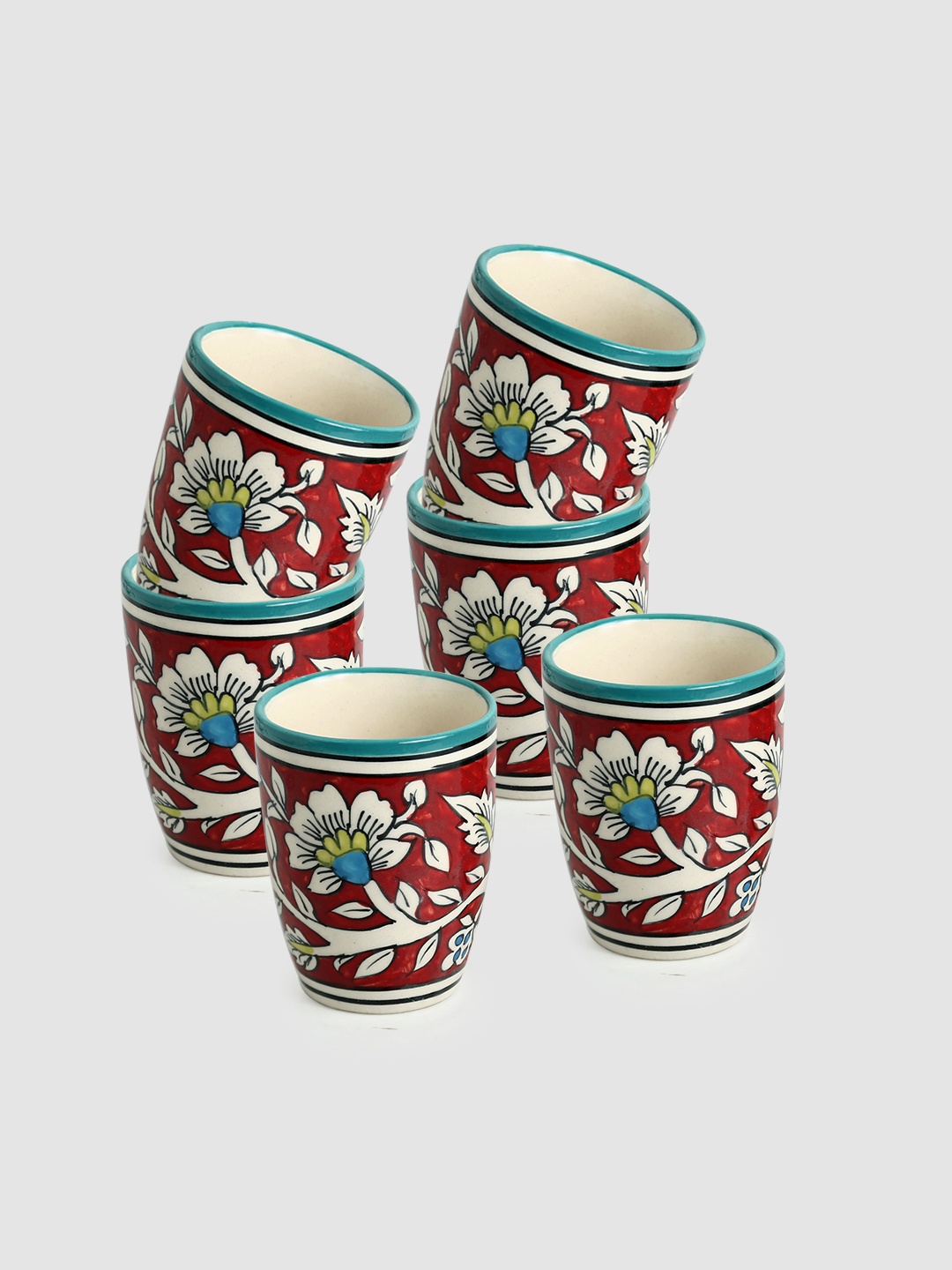 

ExclusiveLane Set of 6 Mughal Rims Hand-Painted Ceramic Coffee And Tea Mugs, Red