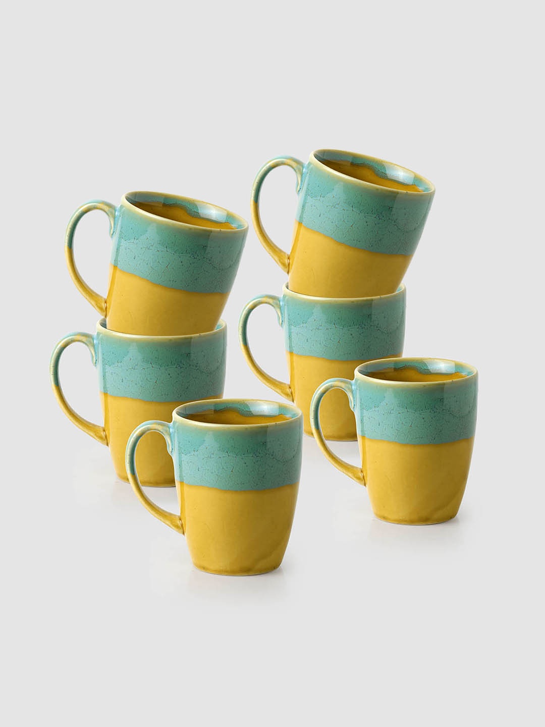 

ExclusiveLane Set of 6 Yellow Blue River Rims Glazed Ceramic Coffee Mugs