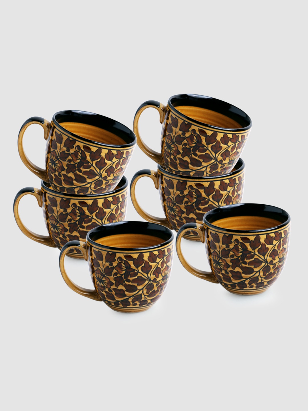 

ExclusiveLane Set Of 6 Mughal Floral Pieces Printed Ceramic Tea & Coffee Cups 280 ML Each, Brown