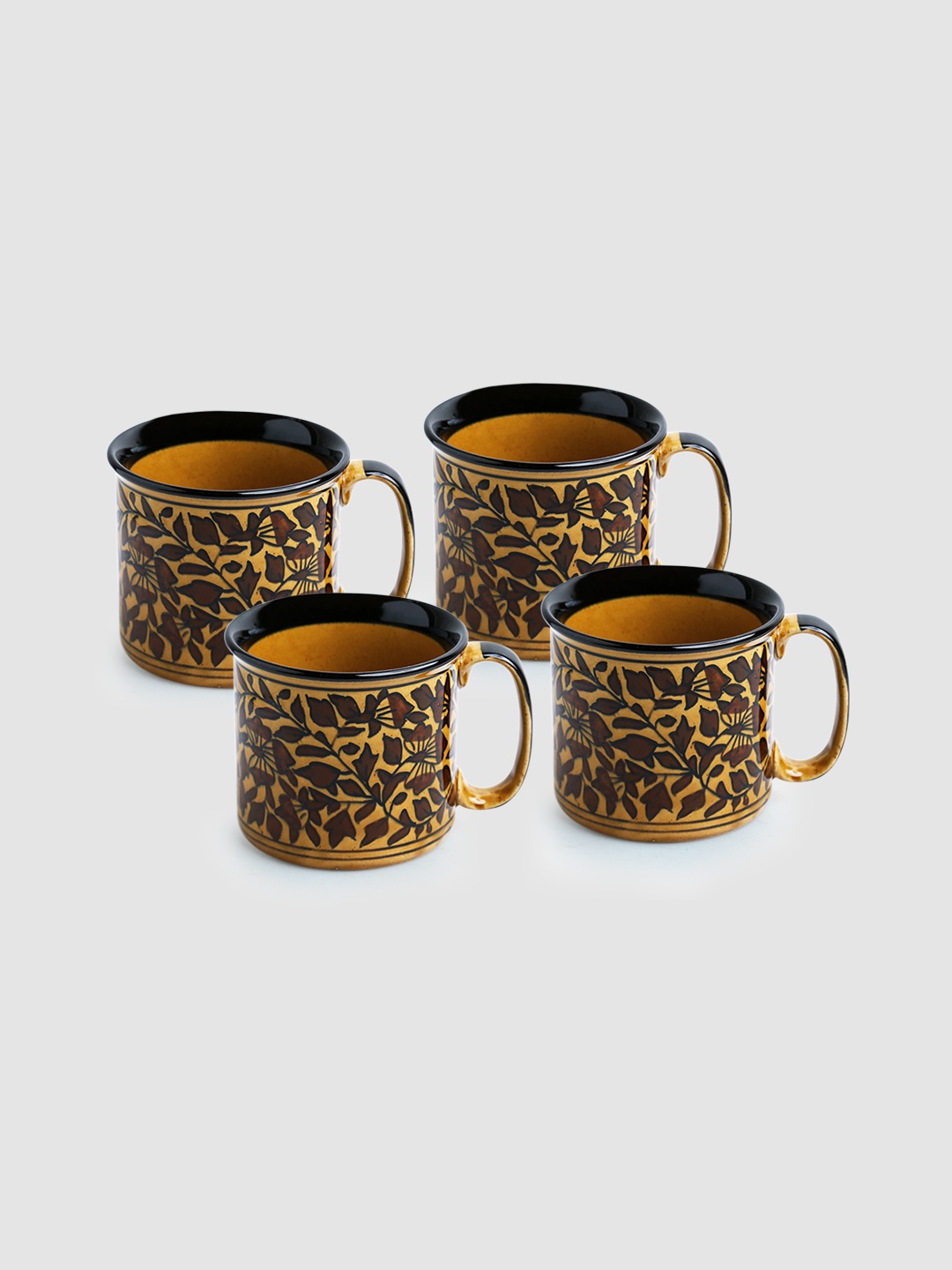 

ExclusiveLane Set of 4 Mughal Floral Handcrafted Ceramic Tea Cups Coffee Mugs 400 ML Each, Brown