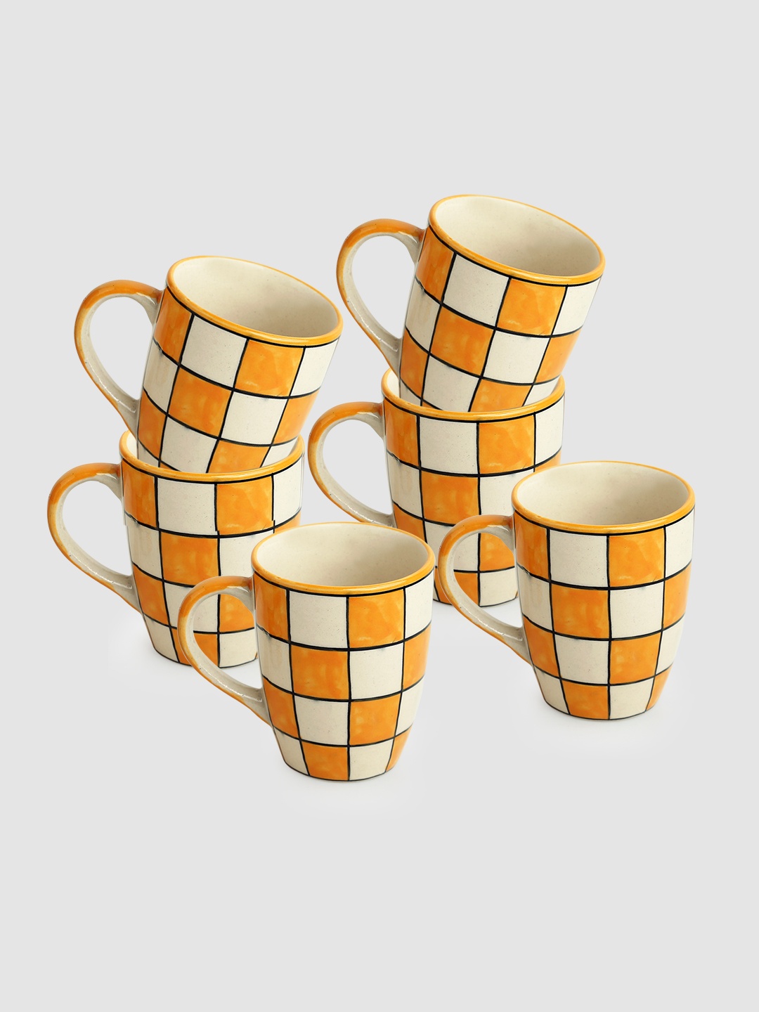 

ExclusiveLane Set of 6 Shatranj Checkered Handpainted Ceramic Coffee Cups 260 ml Each, Yellow