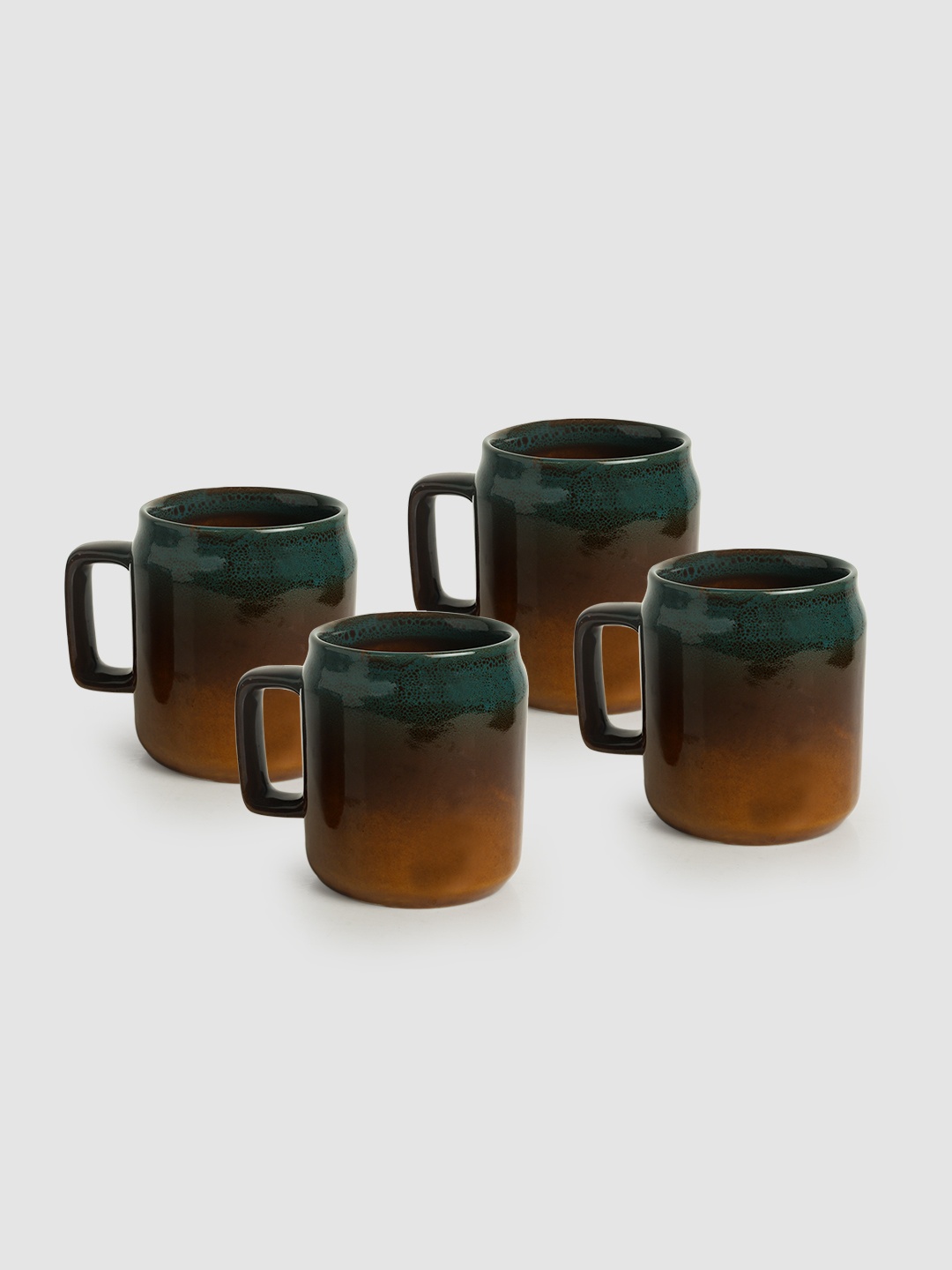 

ExclusiveLane Teal & Brown Set Of 4 Hand Painted Printed Ceramic Glossy Cups