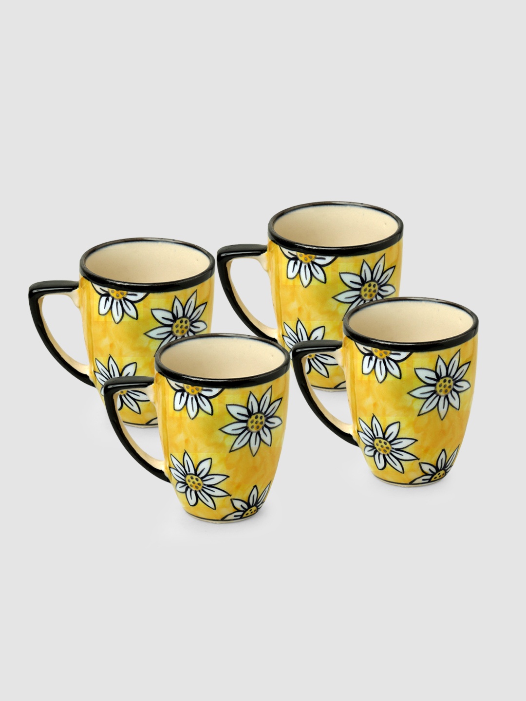 

ExclusiveLane Set of 4 Californian Sunflowers Hand Painted Printed Ceramic Cups, Yellow