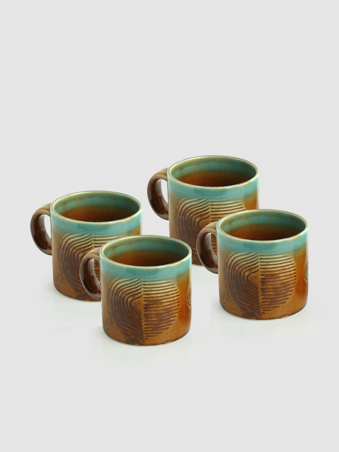 

ExclusiveLane Set of 4 Peacock Boulevard Hand-Engraved Ceramic Coffee Mugs 300 ML Each, Brown