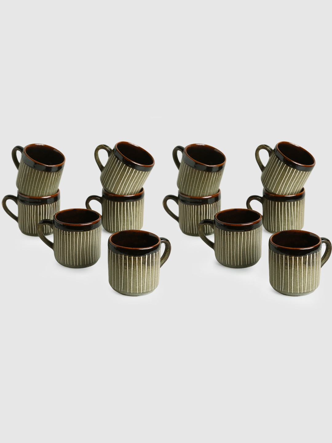 

ExclusiveLane Set of 12 Line Sips Hand-Painted Hand-Glazed Studio Pottery Coffee Tea Cups, Grey