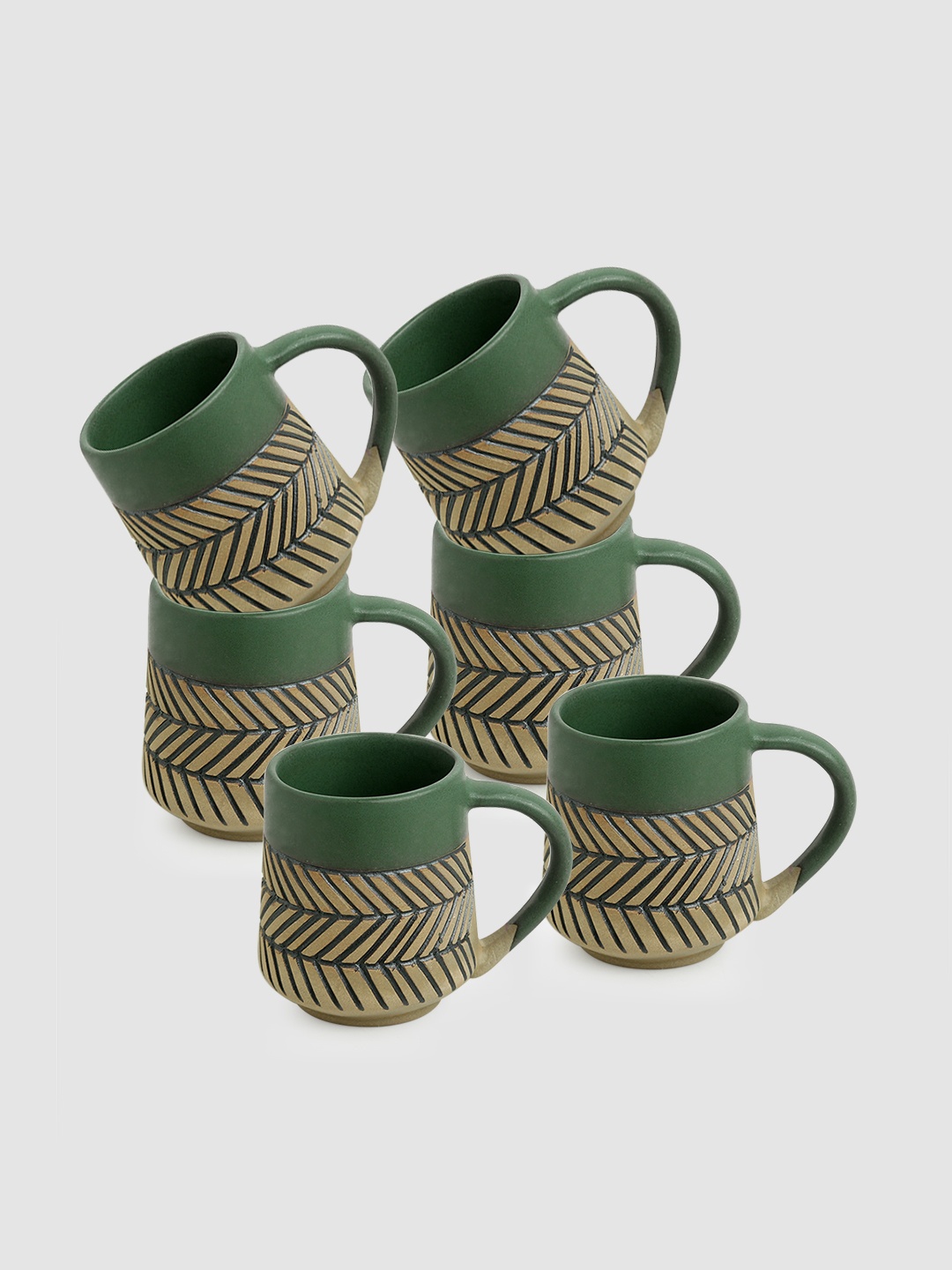 

ExclusiveLane Set of 6 Chevron Waves Textured Handcrafted Ceramic Coffee Mugs 280 ml, Brown