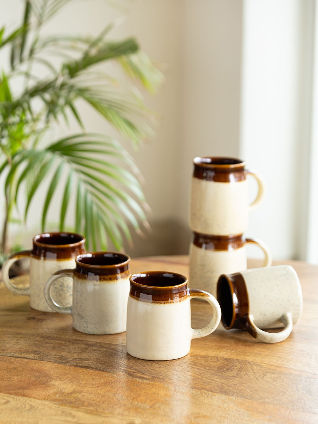 

ExclusiveLane Set of 6 Cream-Coloured Cocoa Rims Studio Pottery Ceramic Tea Coffee Mugs, Brown