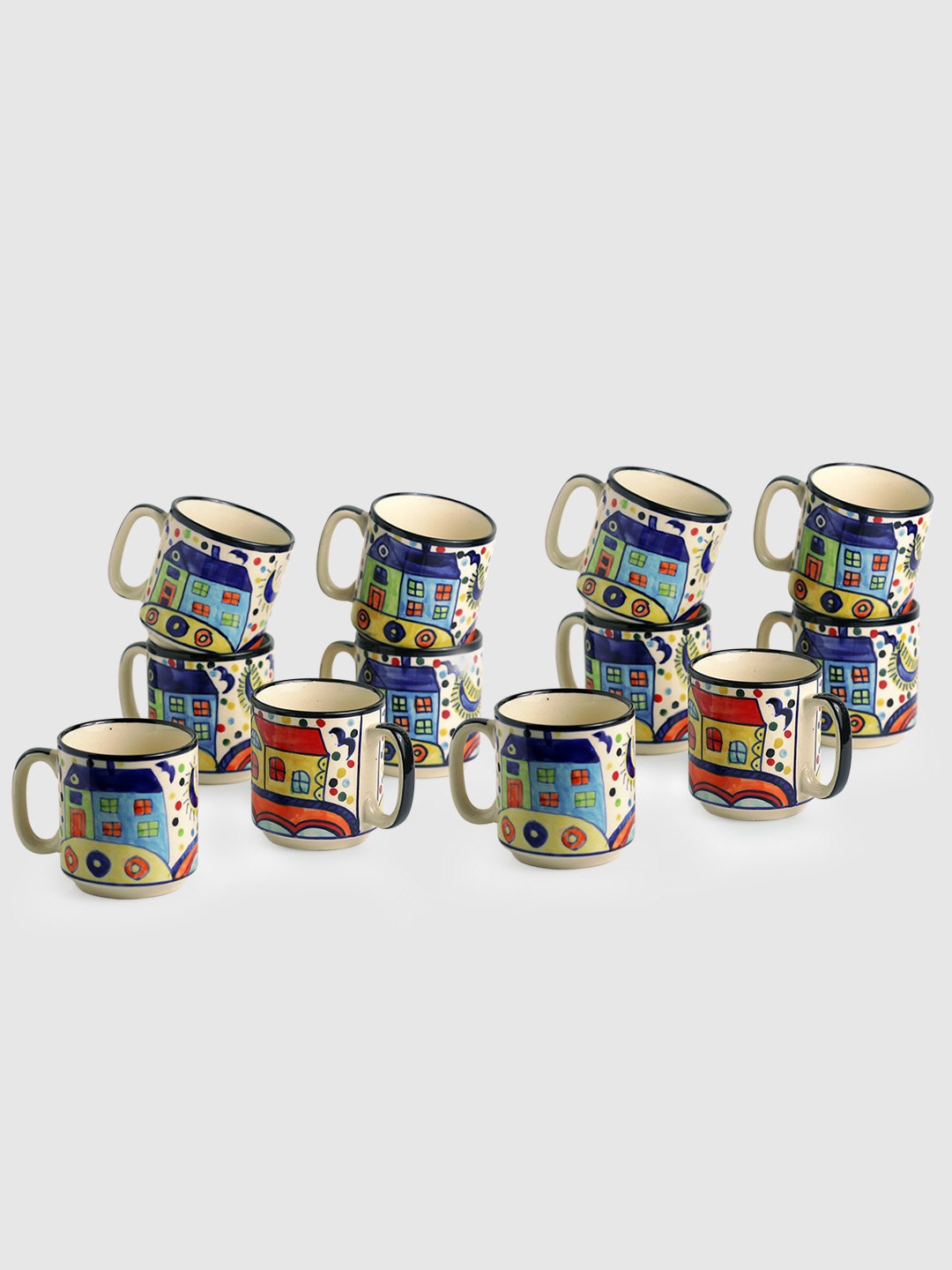 

ExclusiveLane Set of 12 Hand-Painted Hut Collection Ceramic Coffee Mugs, White