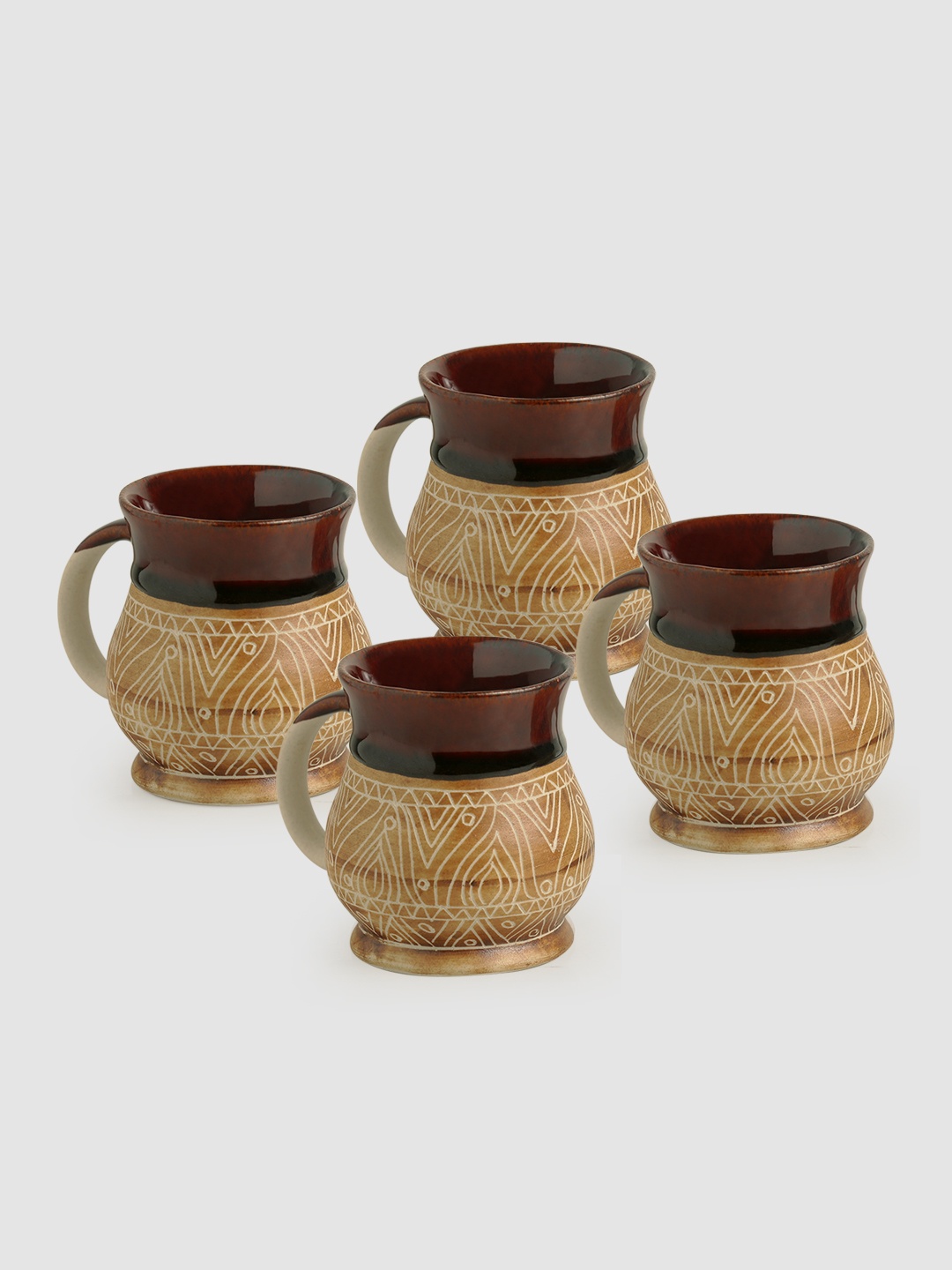 

ExclusiveLane Cocoa Fire Fire Carvings Ceramic Studio Pottery Tea Coffee Mugs (Set Of 4), Brown