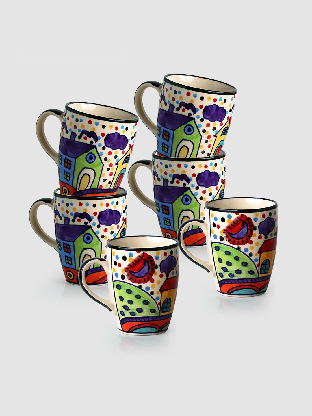 

ExclusiveLane The Hut Jumbo Cuppas Beige & Red Set Of 6 Hand Painted Ceramic Glossy Cups