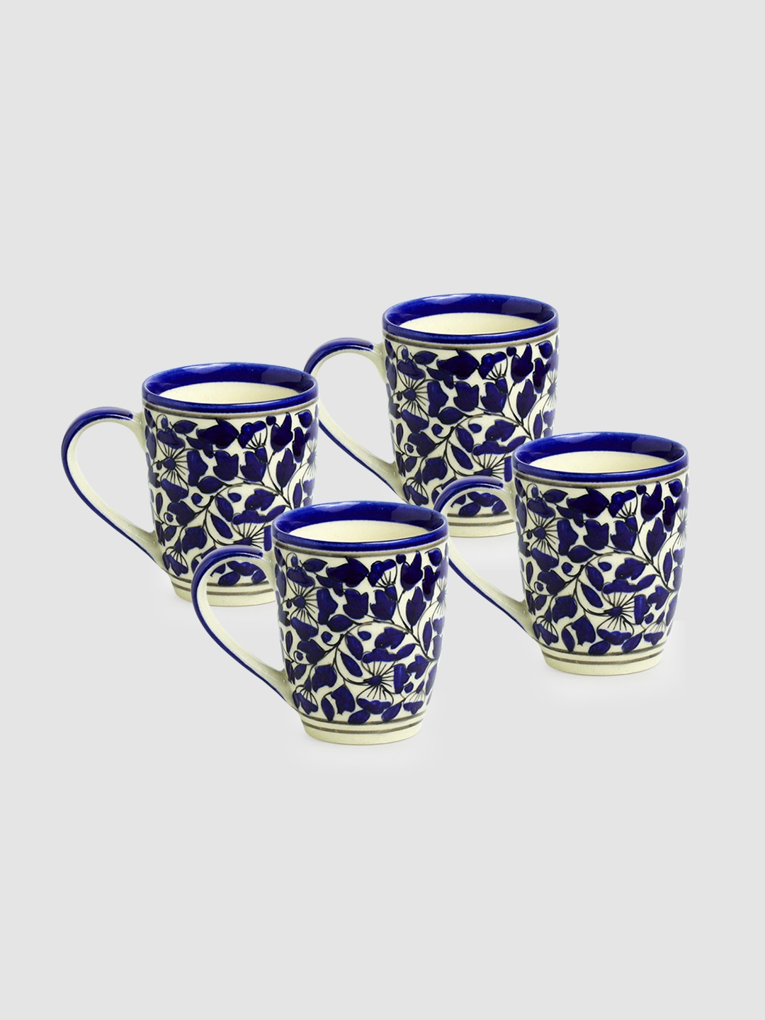 

ExclusiveLane Set Of 4 Floral Printed Ceramic Glossy Cups 240ml Each, Blue
