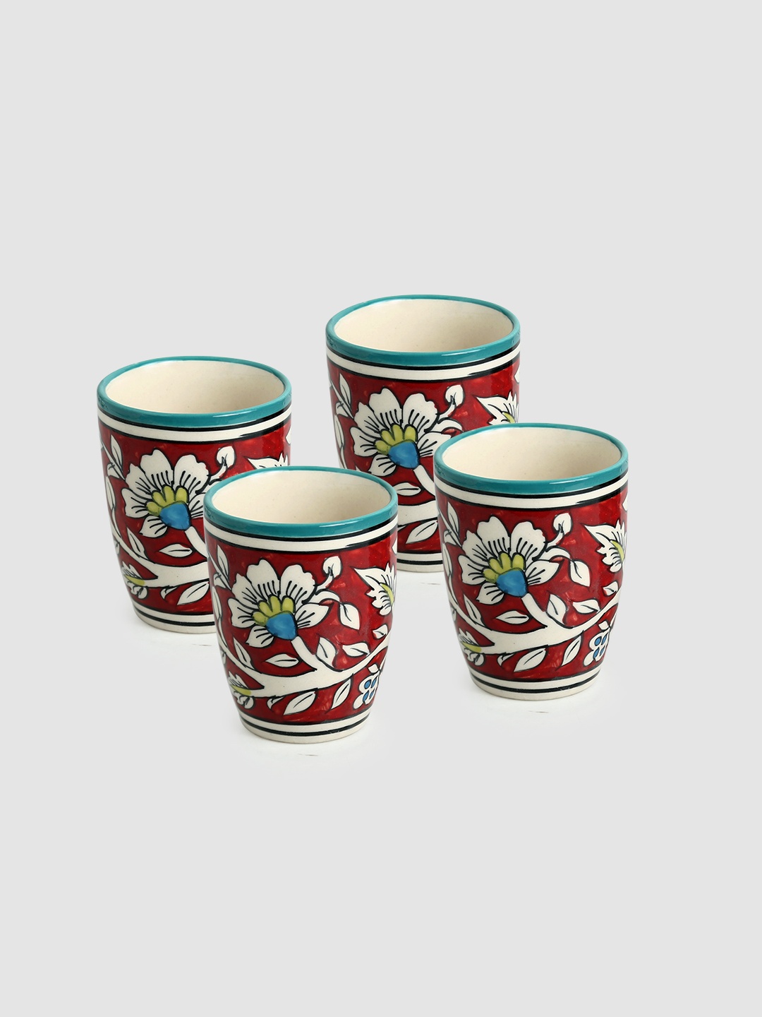 

ExclusiveLane Set of 4 Mughal Rims Hand-Painted Ceramic Coffee And Tea Mugs, Red