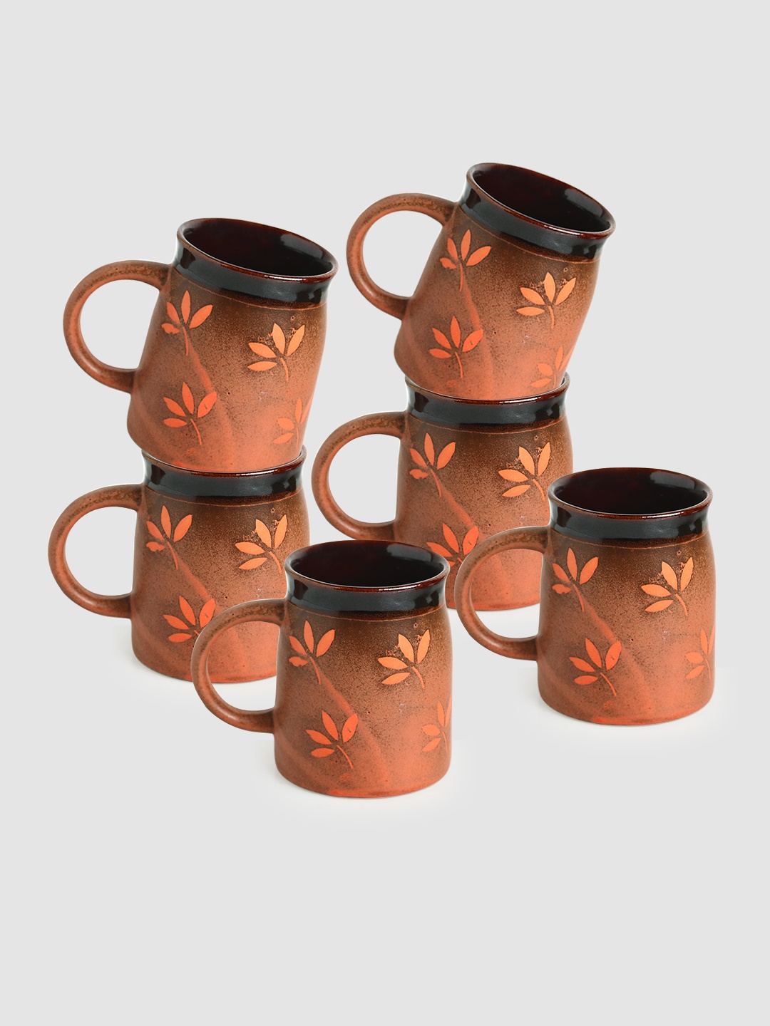 

ExclusiveLane Set of 6 Leaf Sips Hand-Glazed Studio Pottery Ceramic Coffee & Tea Mugs, Orange