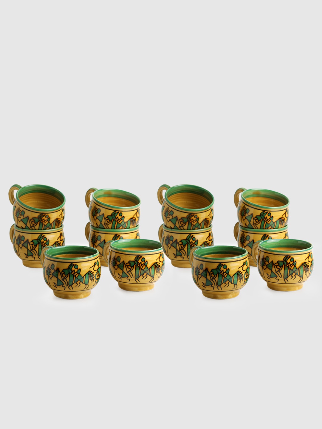 

ExclusiveLane Set Of 12 Celebration In Sand Warli Ceramic Cups, Yellow