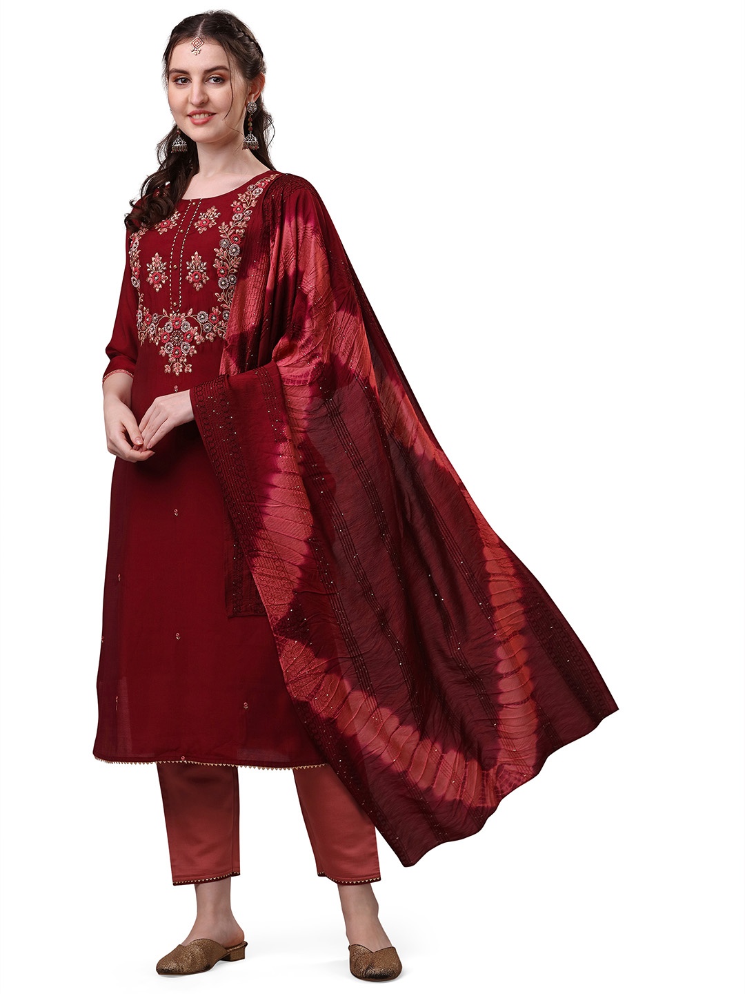 

Berrylicious Women Floral Embroidered Beads and Stones Kurta with Trousers & With Dupatta, Maroon