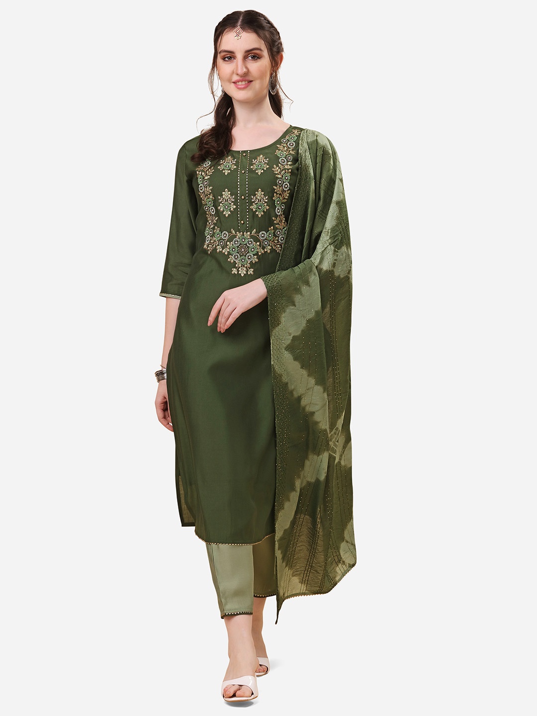 

Berrylicious Women Ethnic Motifs Embroidered Kurta with Trousers & Dupatta, Green