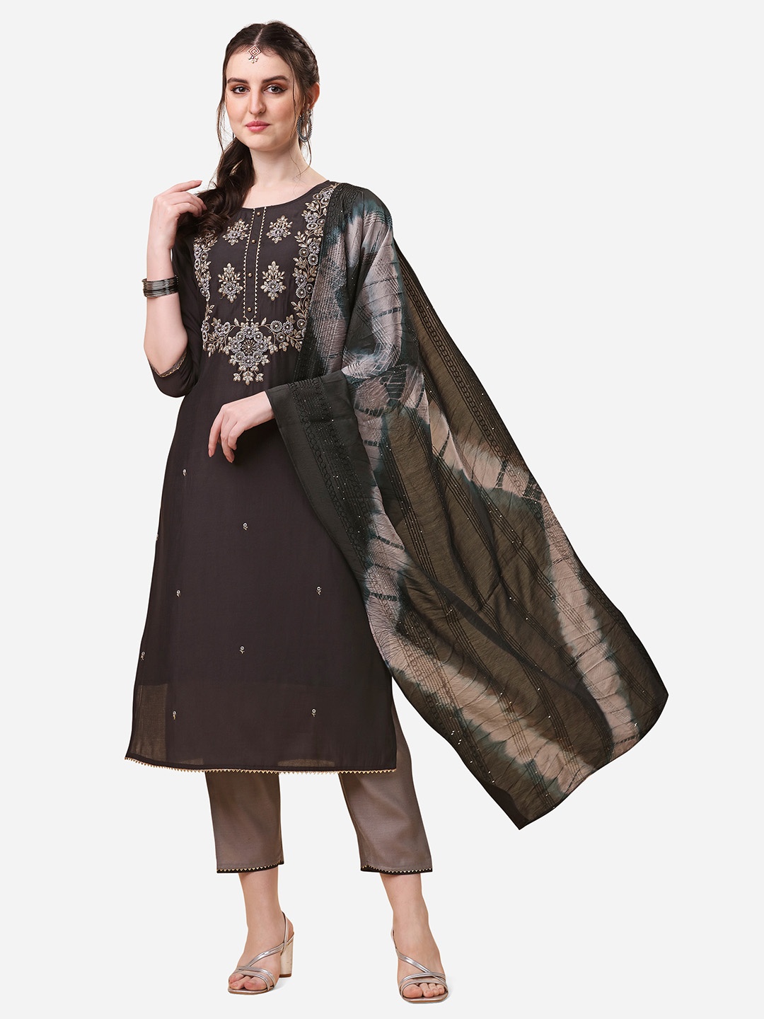 

Berrylicious Women Ethnic Motifs Embroidered Kurta with Trousers & Dupatta, Grey