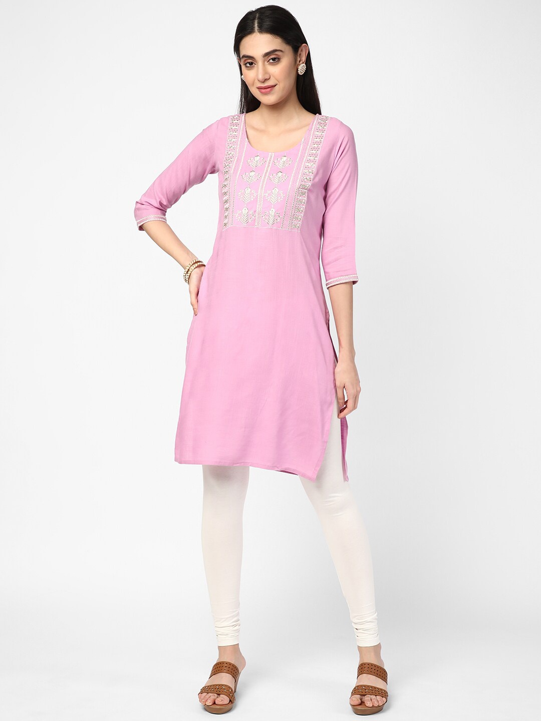 

R&B Floral Embroidered Thread Work Round Neck Kurta, Lavender
