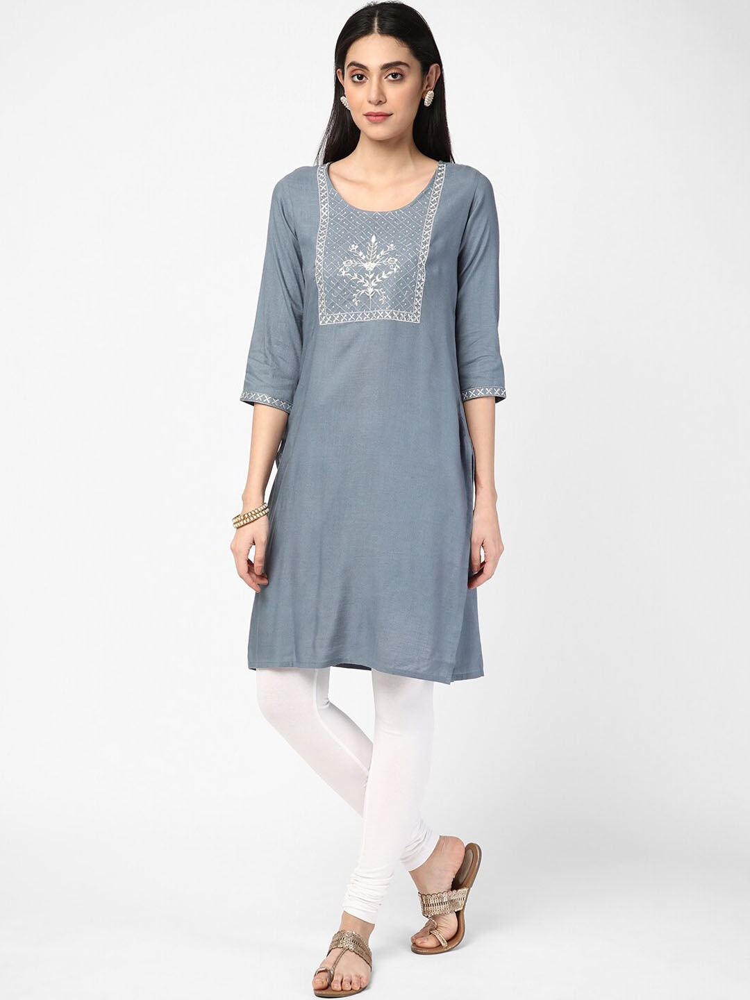 

R&B Floral Embroidered Thread Work Round Neck Kurta, Grey