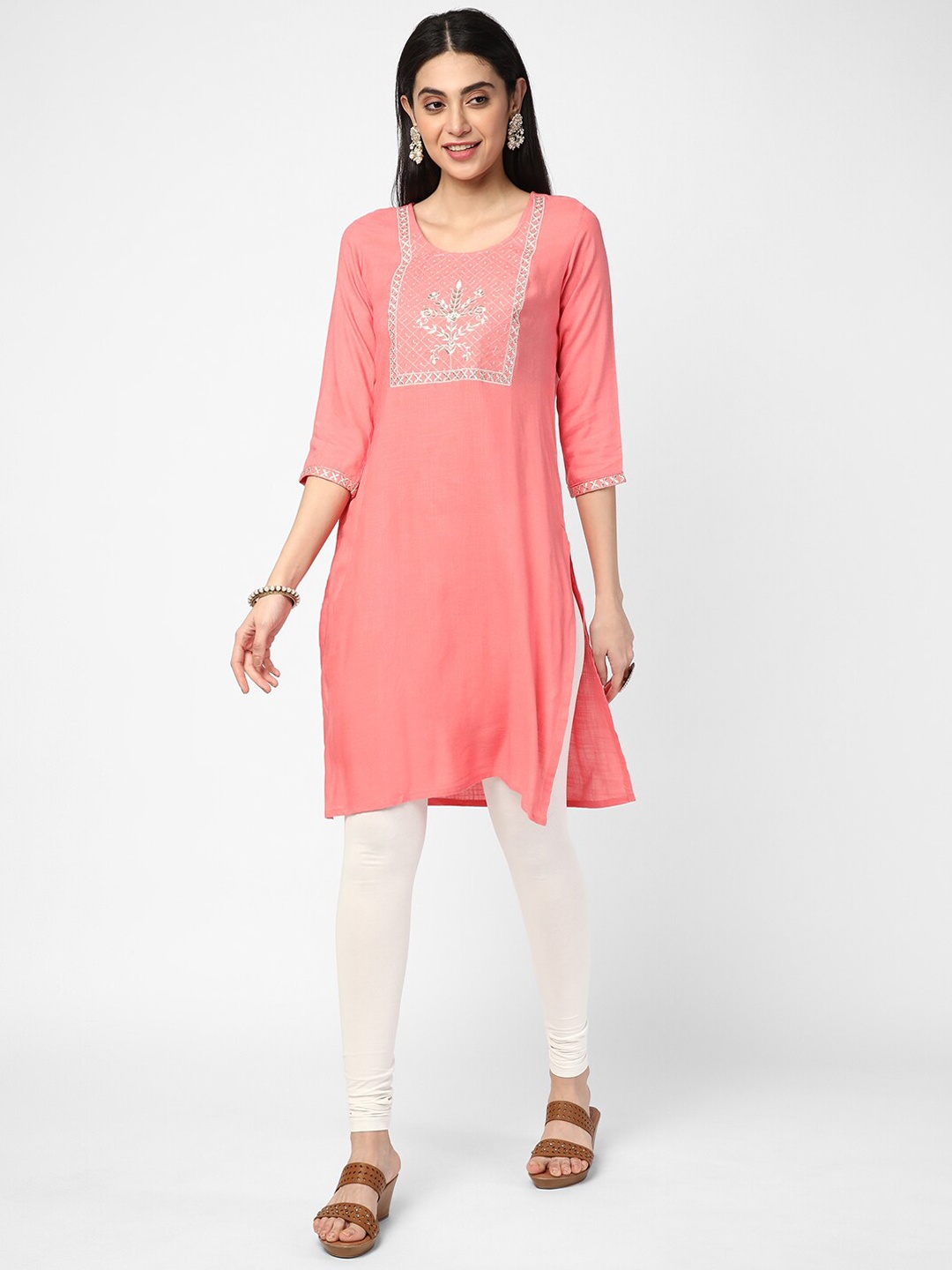 

R&B Women Peach-Coloured Yoke Design Keyhole Neck Kurta