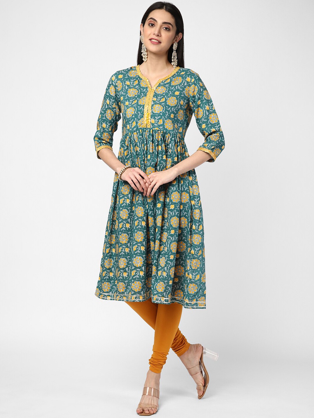 

R&B Round Neck Floral Printed Mirror Work Anarkali Kurta, Sea green