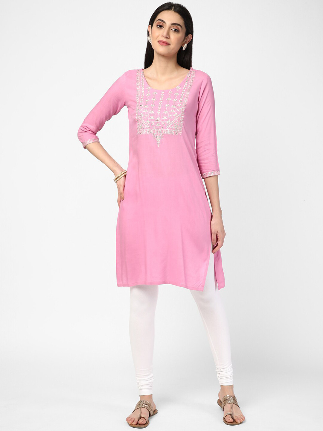 

R&B Round Neck Floral Embroidered Thread Work Kurta, Pink