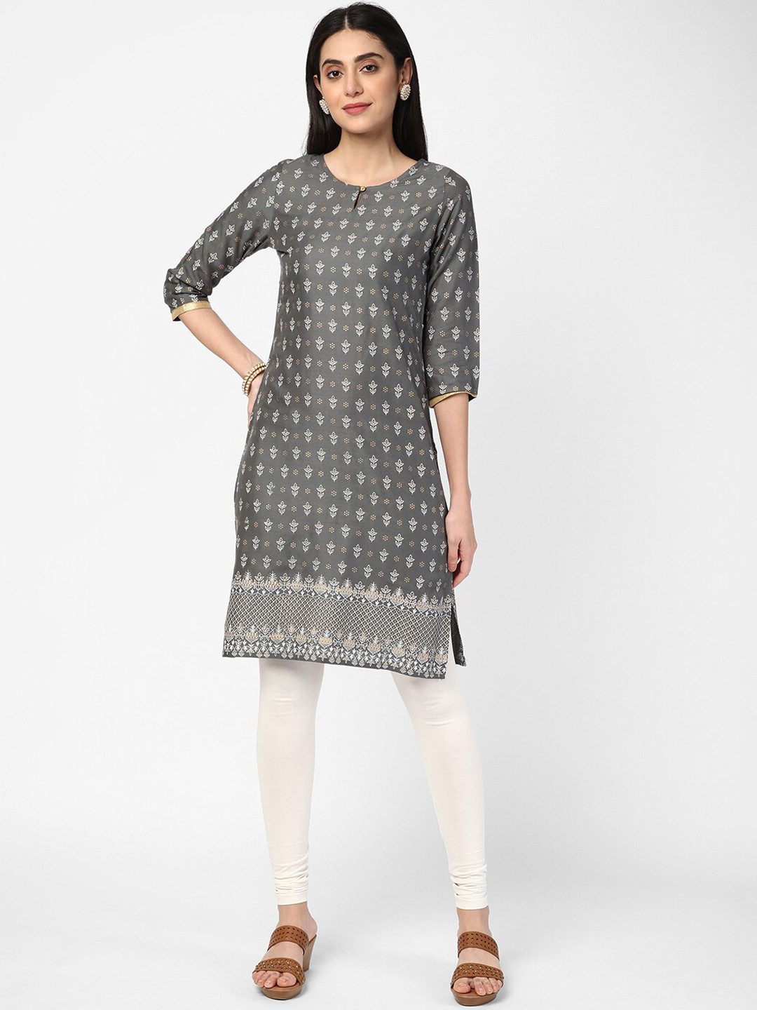 

R&B Round Neck Floral Printed Kurta, Grey