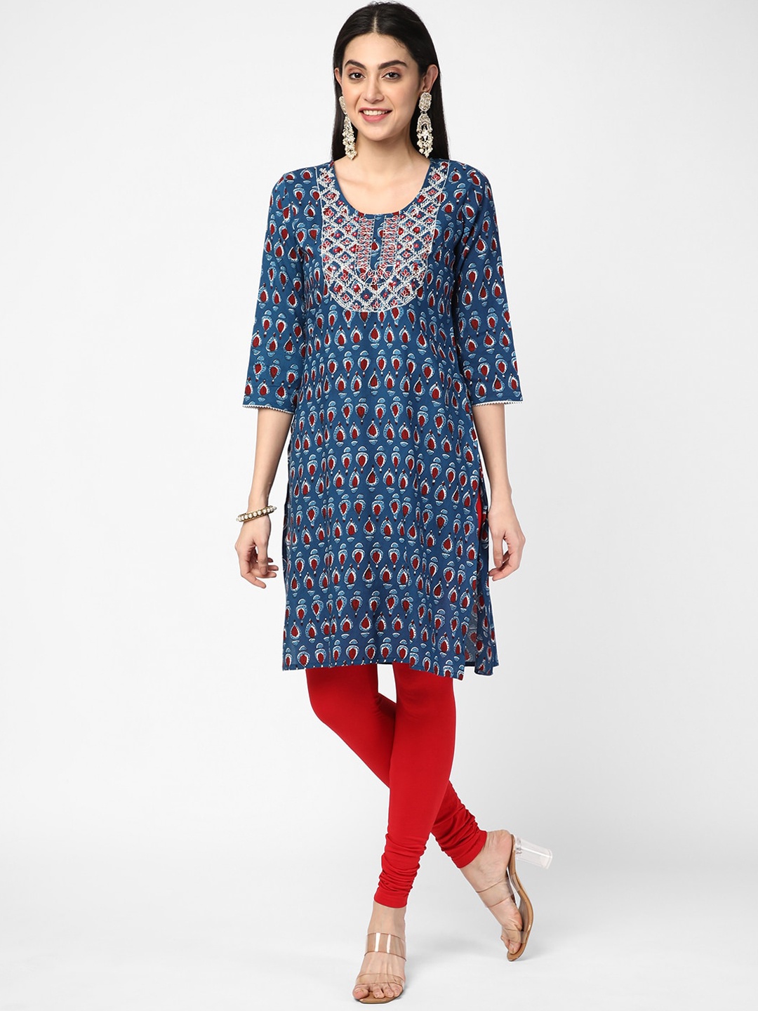 

R&B Round Neck Ethnic Motifs Printed Cotton Kurta, Blue