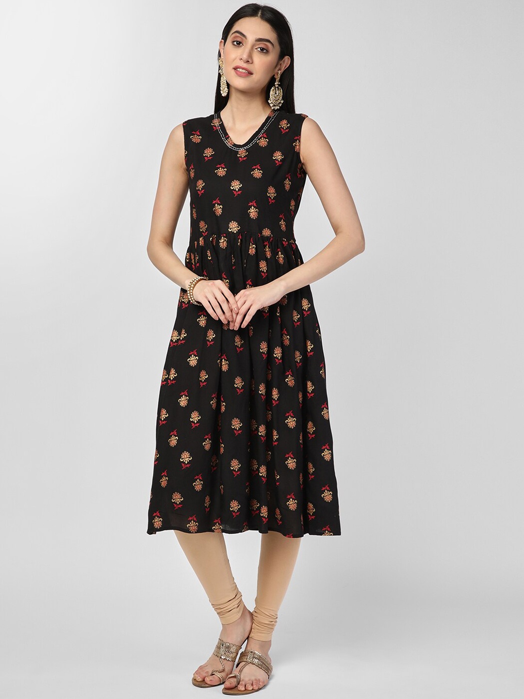 

R&B Ethnic Motifs Printed A-Line Regular Kurta, Black